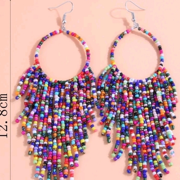 Long‎ Beaded Tassel Earrings Bohemian Handmade Seed Beaded Round Tassel Dangle - Picture 3 of 3